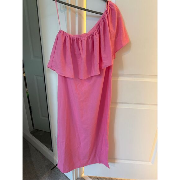 NWOT Pomander Place Flamingo Pink Florencia linen One Shoulder Dress, Small $168 - Picture 3 of 8